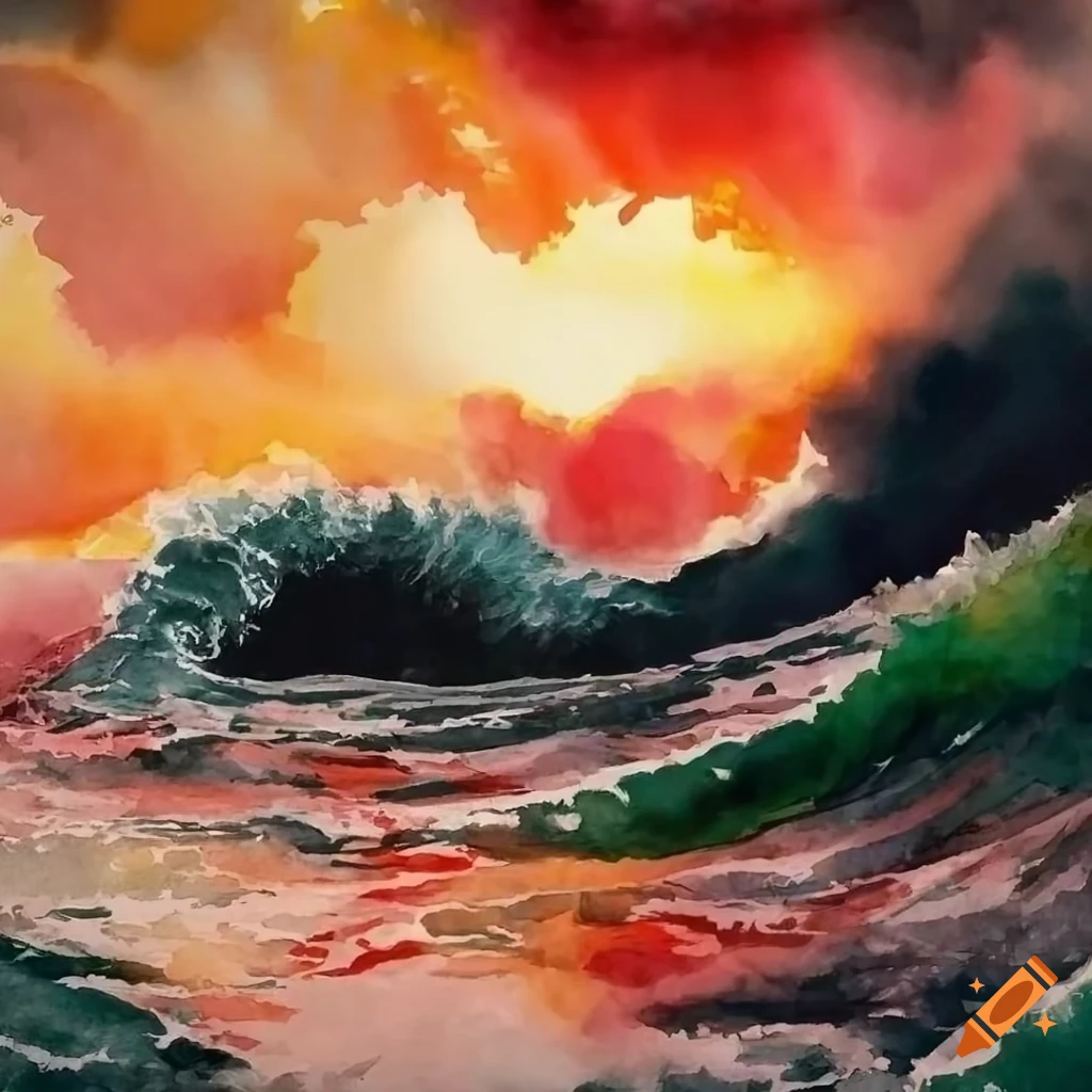 watercolor of crashing waves at sunset