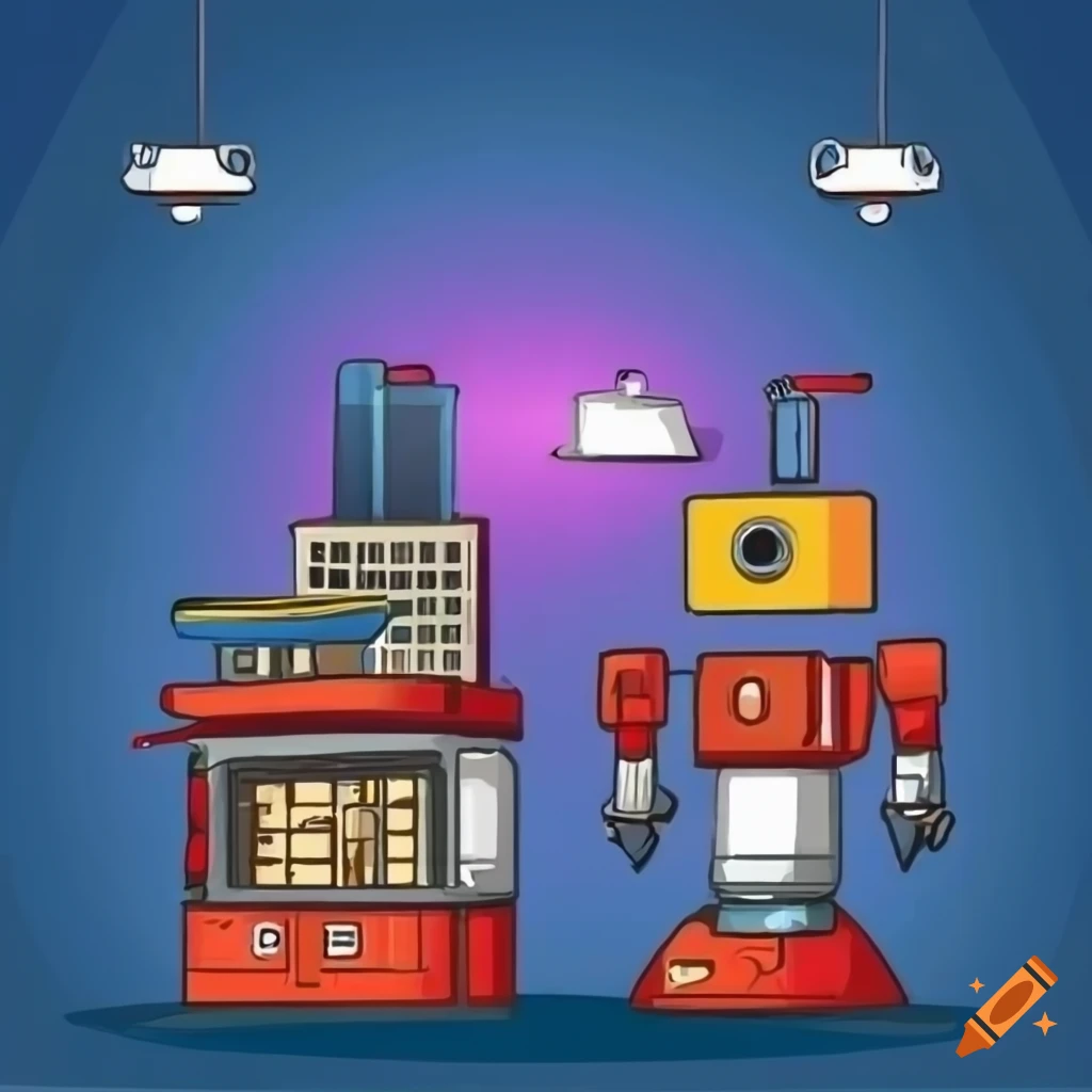 comic style vector graphic showing robots working in a futuristic workspace