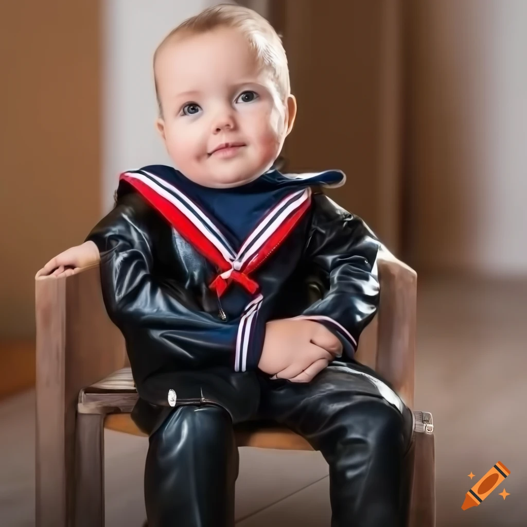 close-up of a toddler boy in a black leather sailor uniform