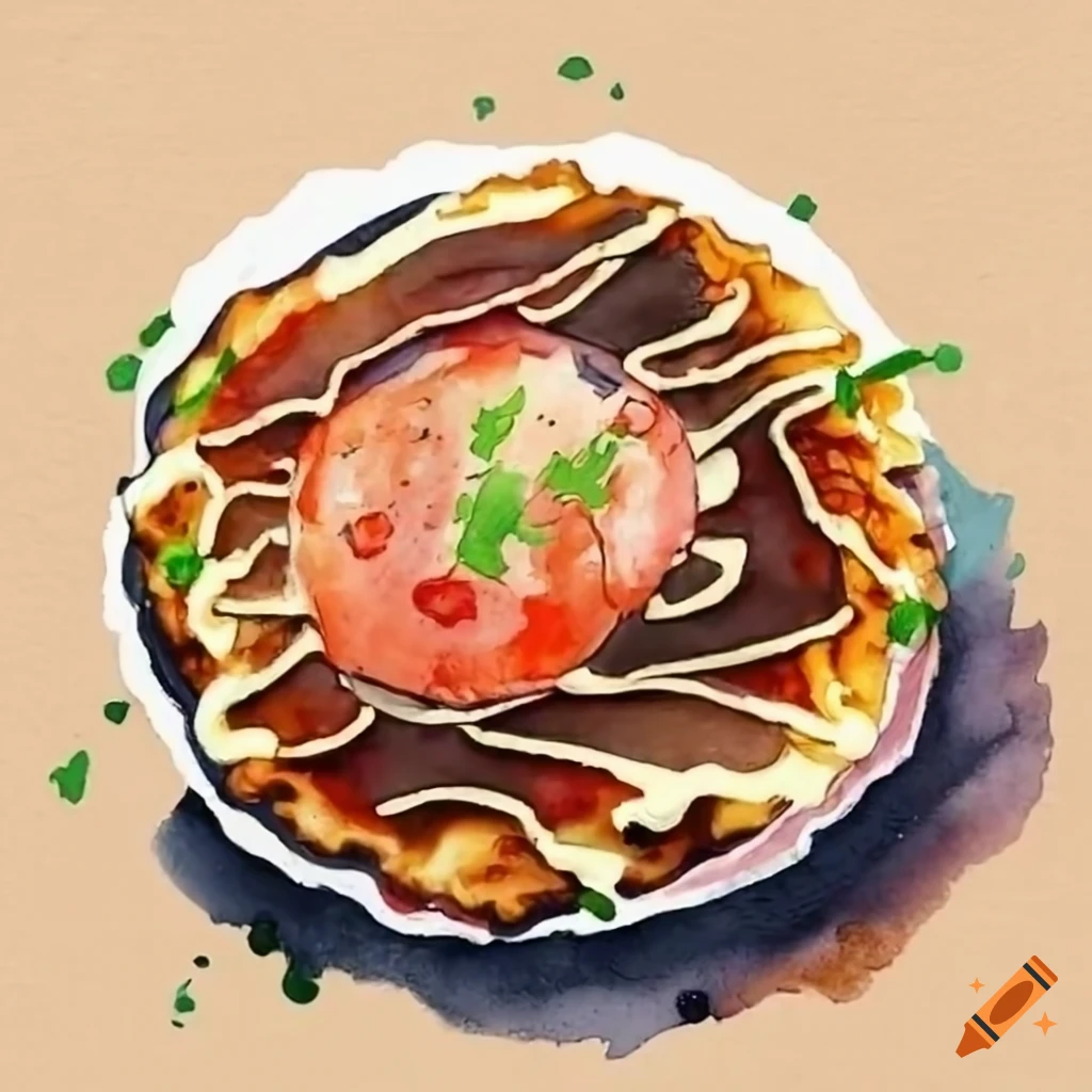 watercolor painting of Japanese Okonomiyaki