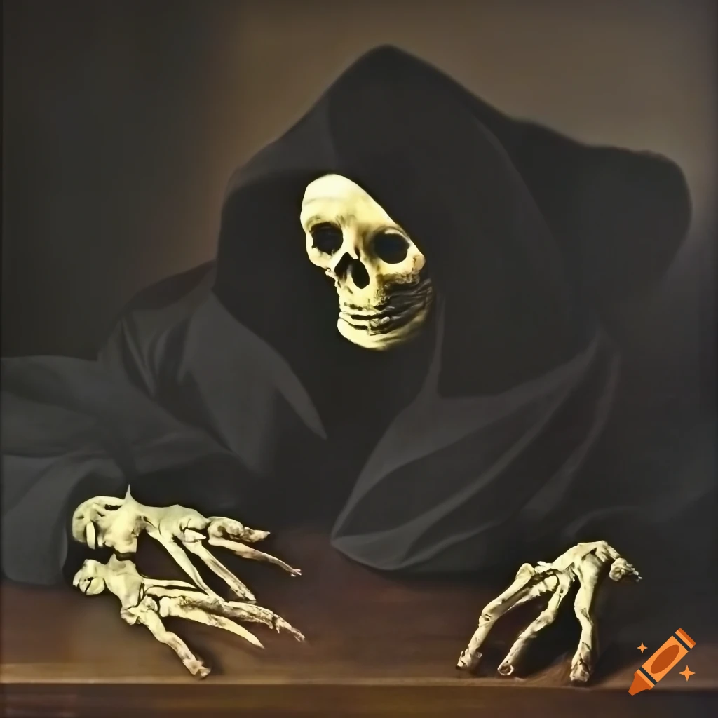 Caravaggio-inspired dark horror painting of a sinister hooded skeleton