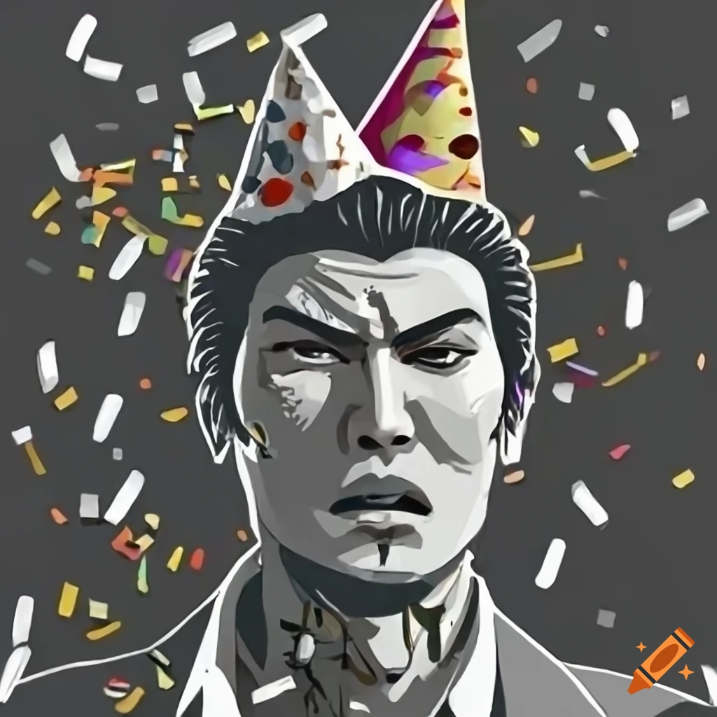 Kiryu kazuma celebrating with confetti on Craiyon