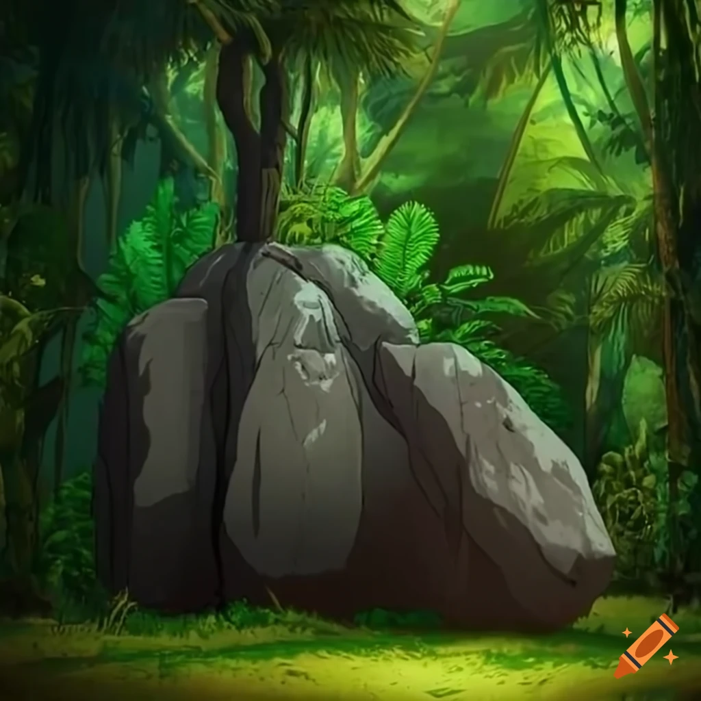 Jungle Rocks Anime Manga style jungle with a large gray rock on Craiyon