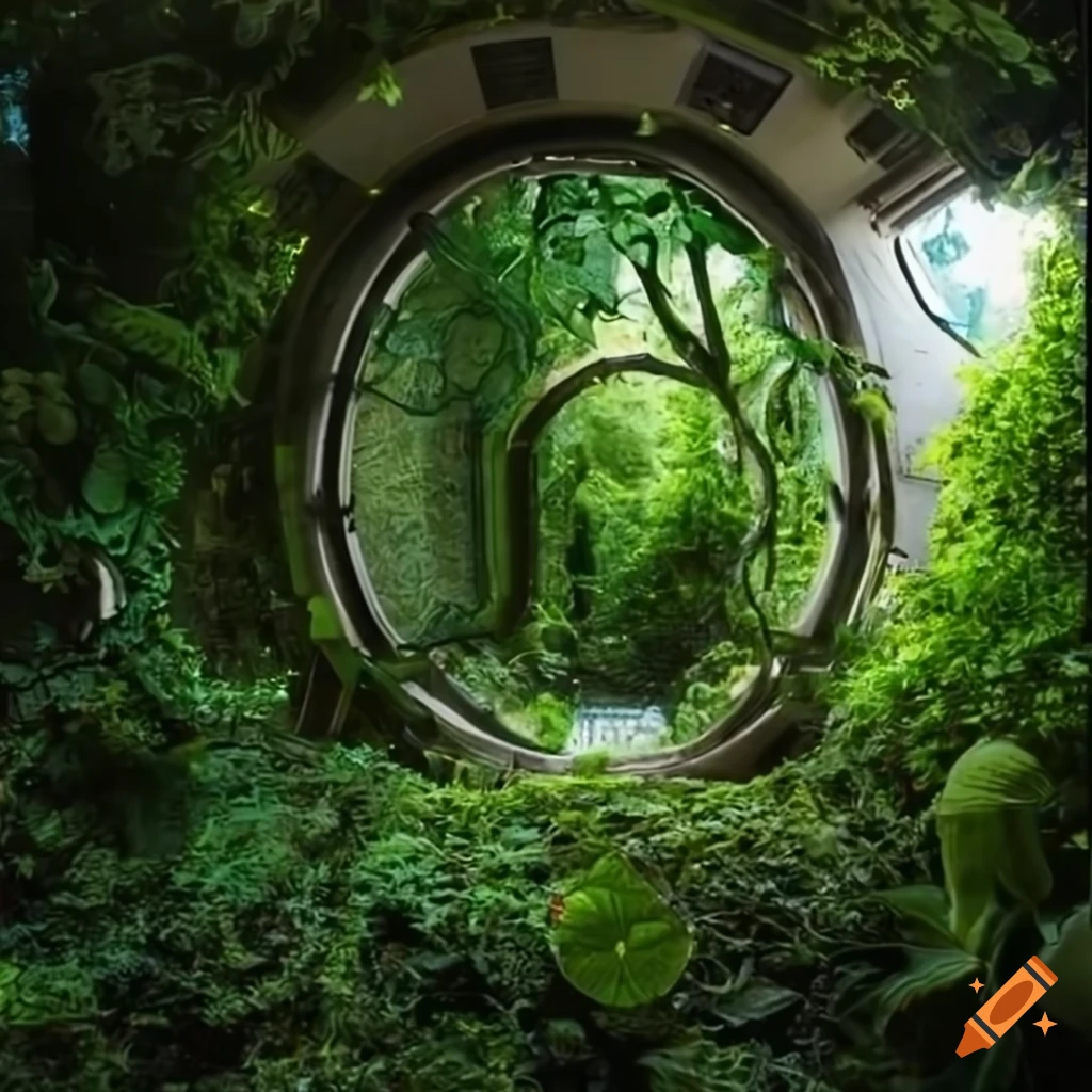 interior of a spaceship with overgrown plants