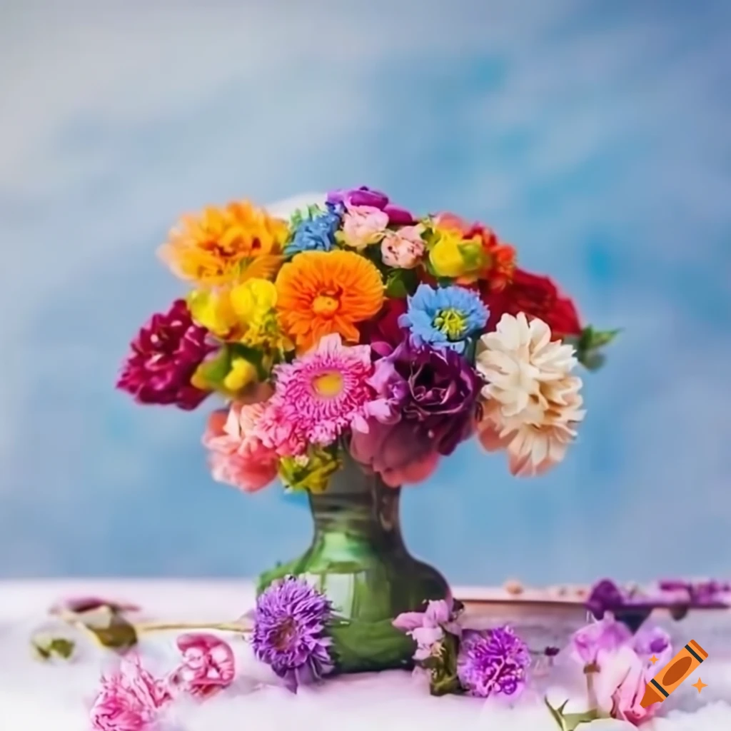 colorful flowers in a rustic bottle with snowed hills in the background