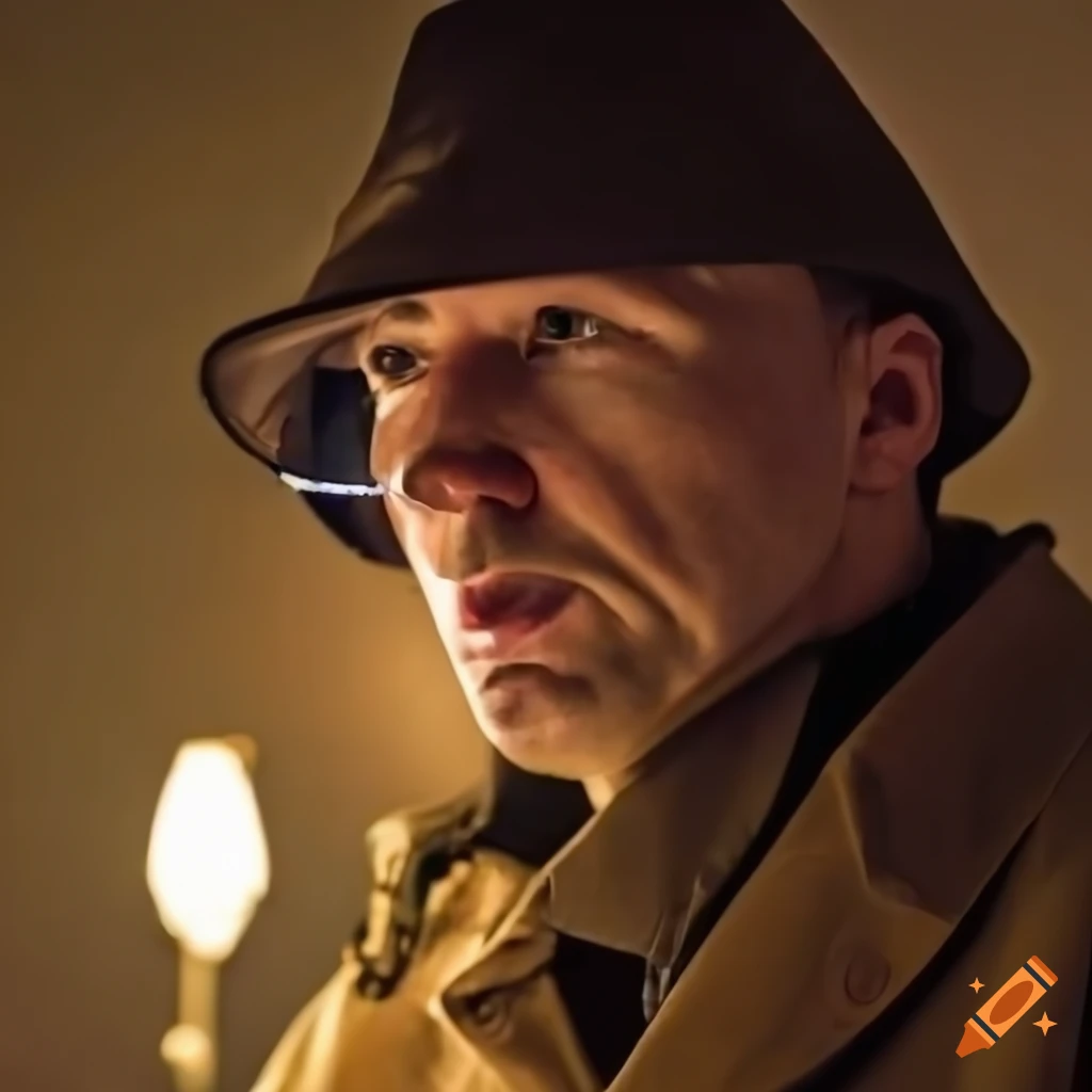 close-up of detective's face in a trench coat