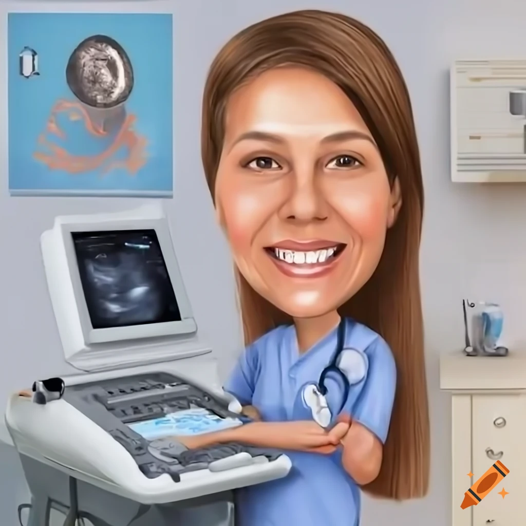 Caricature of a smiling female doctor using a heart ultrasound scanner ...