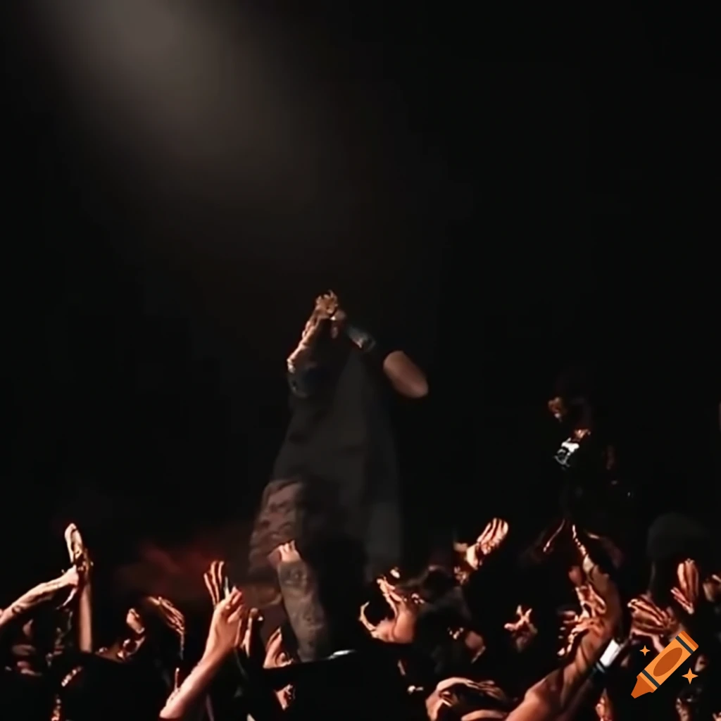 Kanye West performing on stage with a lively audience