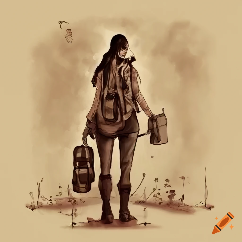 sepia ink illustration of a female solarpunk traveler with backpack