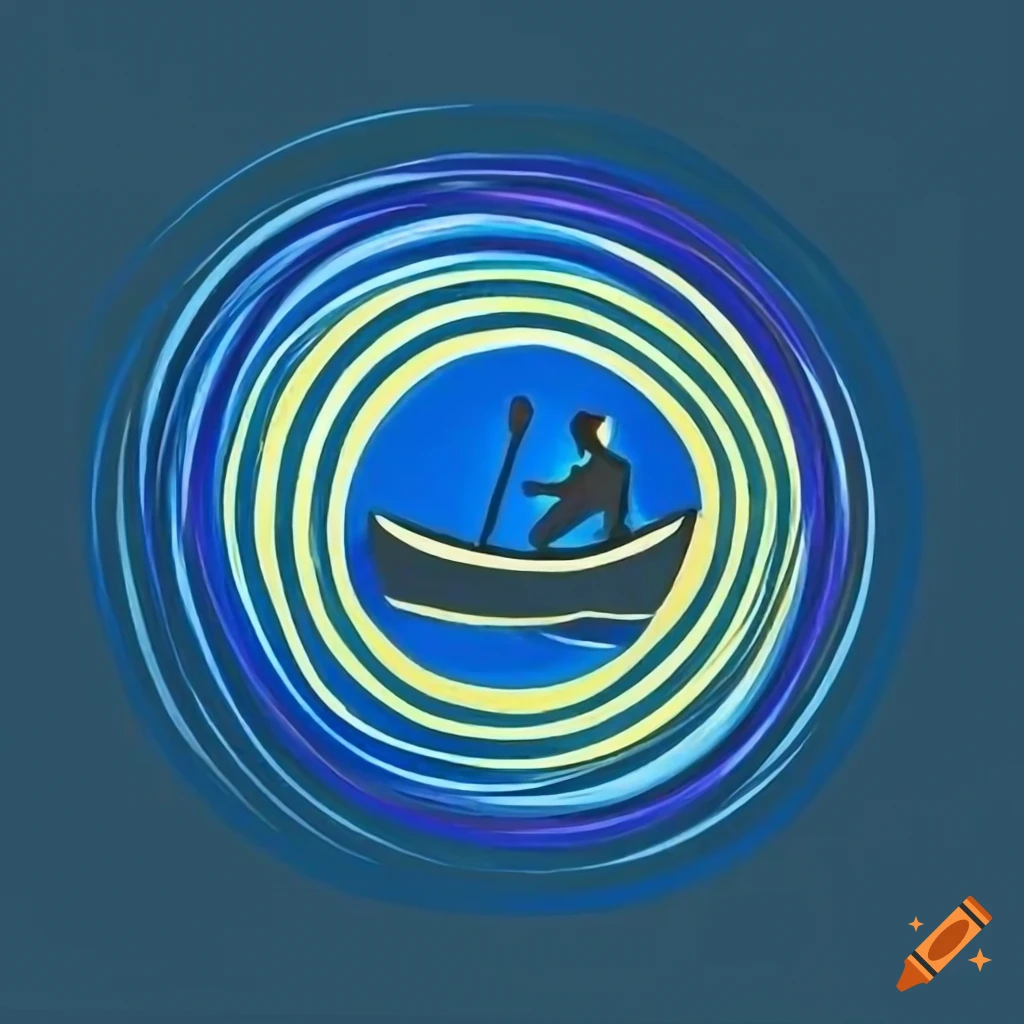 Stylized logo of a fisherman and boat in blue lines on Craiyon