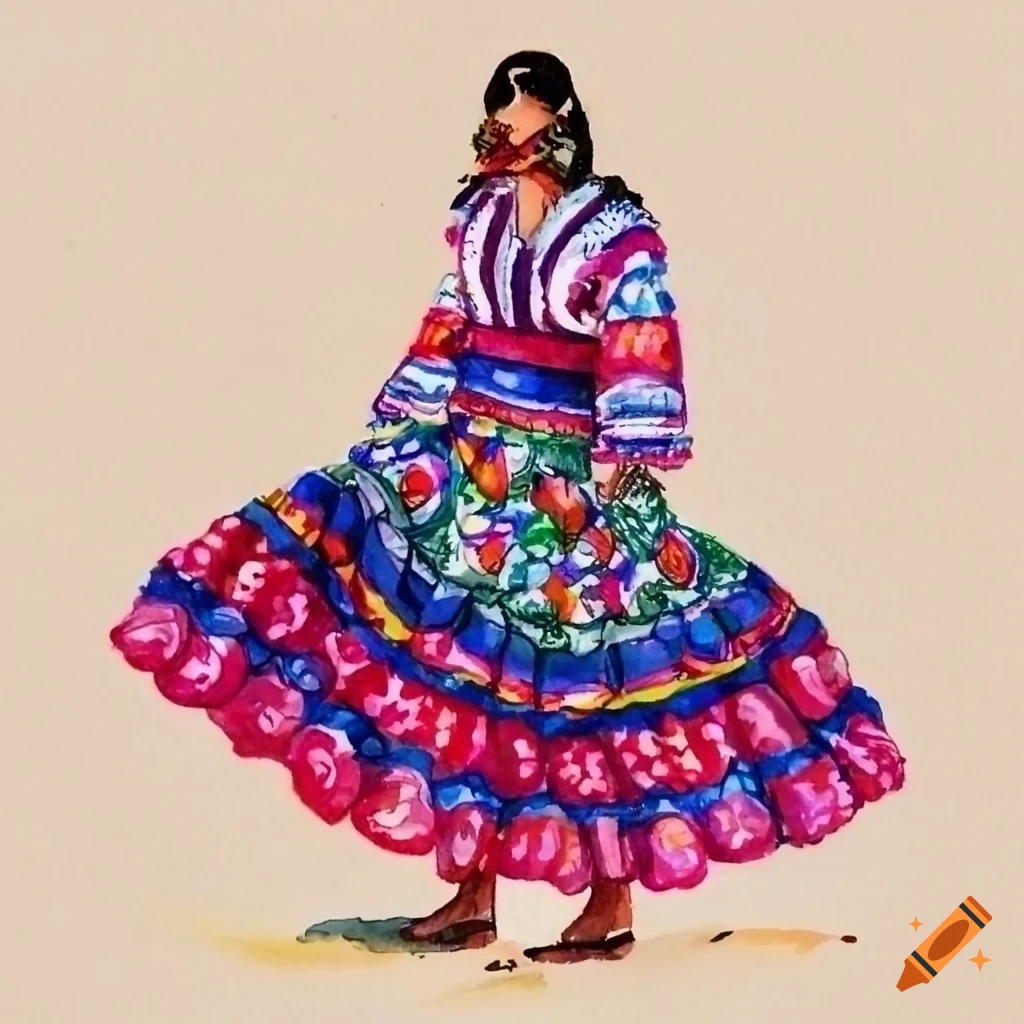 watercolor illustration of a fashion figure in Mexican attire