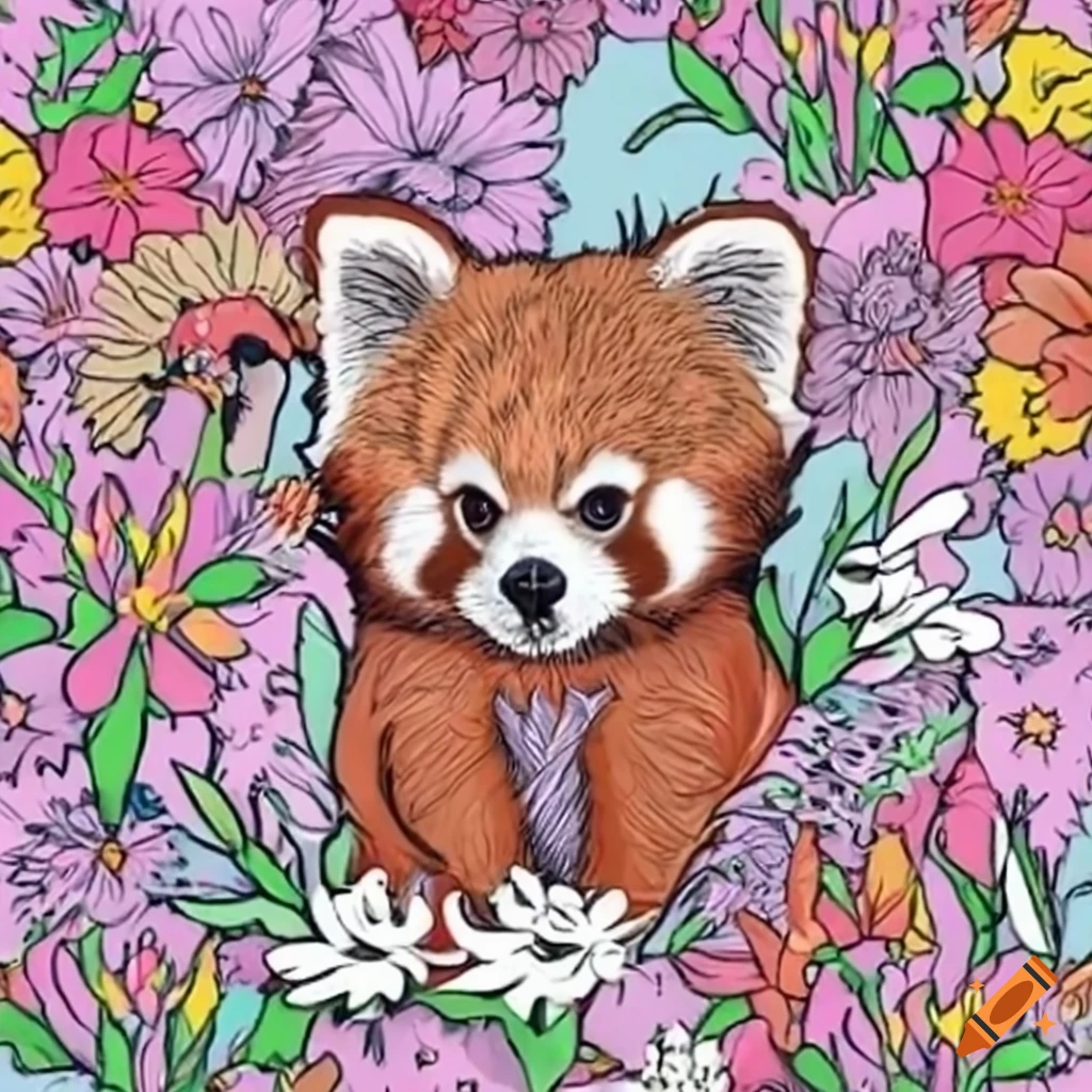 red panda amidst colorful flowers
