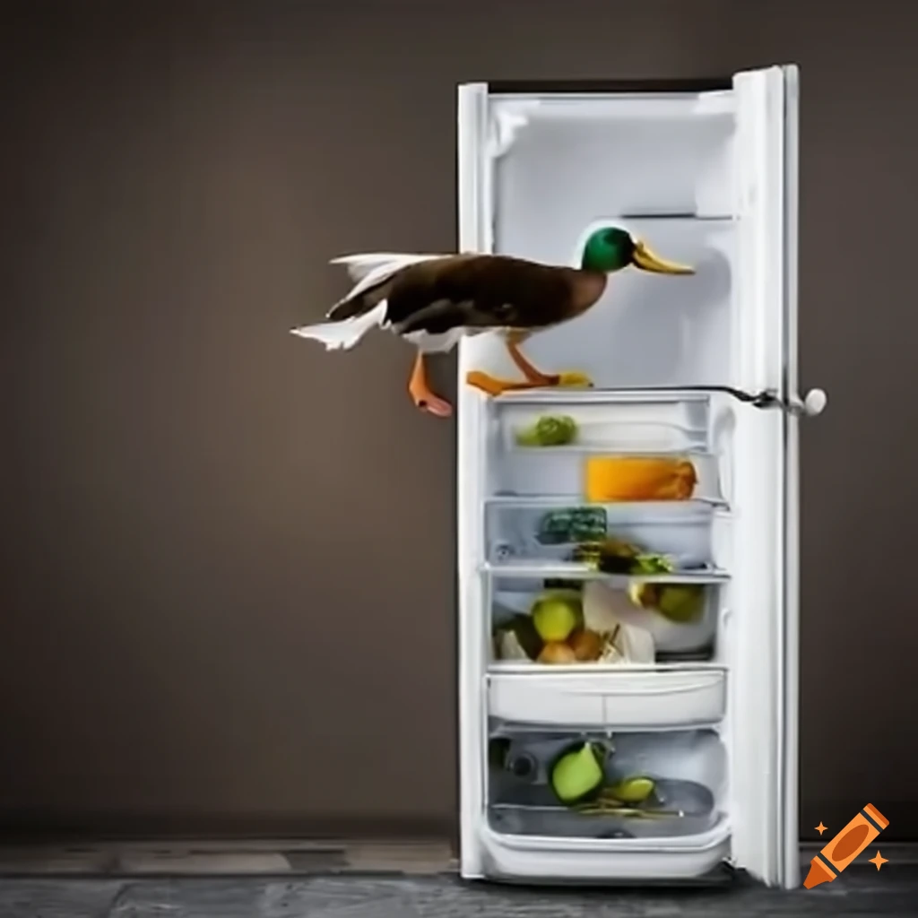 Duck stealing food from a fridge on Craiyon
