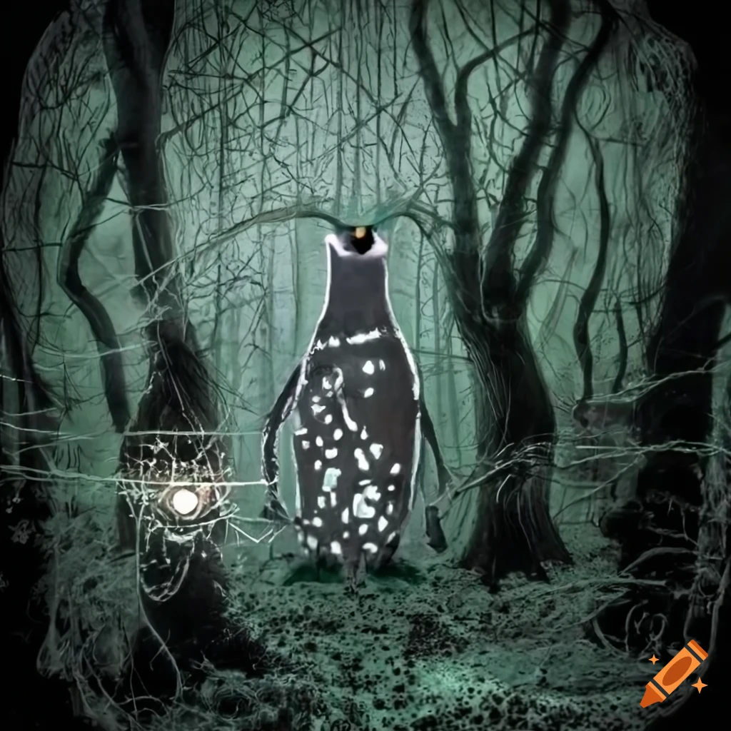 surreal artwork with a penguin and various elements