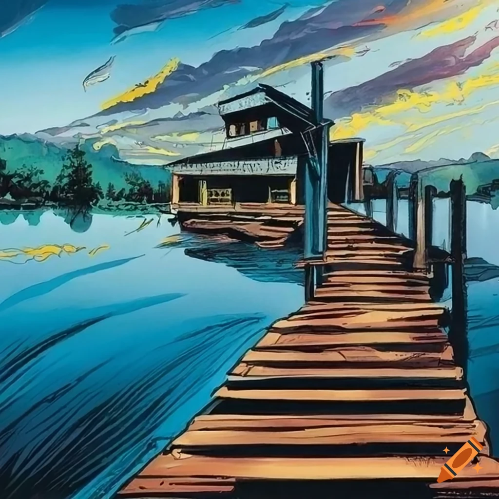 comic-style depiction of an epic house on a lake