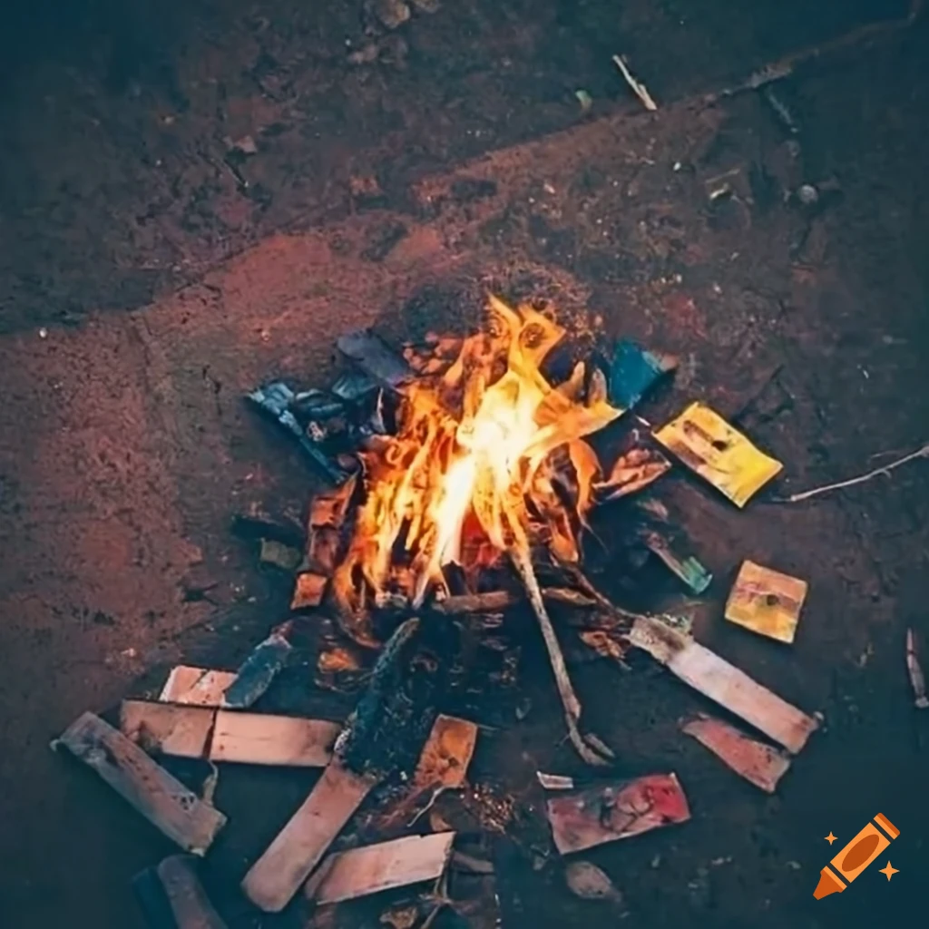 view of a bonfire in an abandoned parking lot