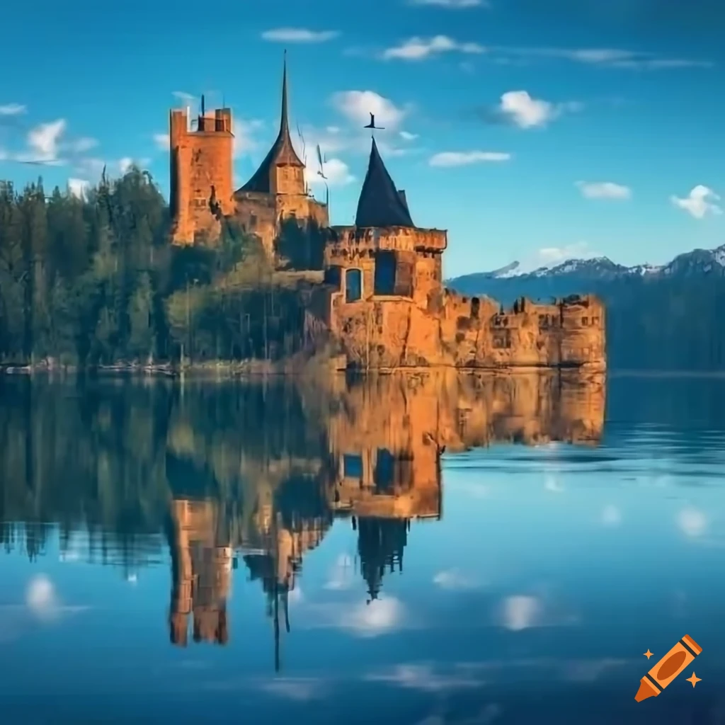 Medieval castle overlooking a frozen lake in a winter forest setting on ...
