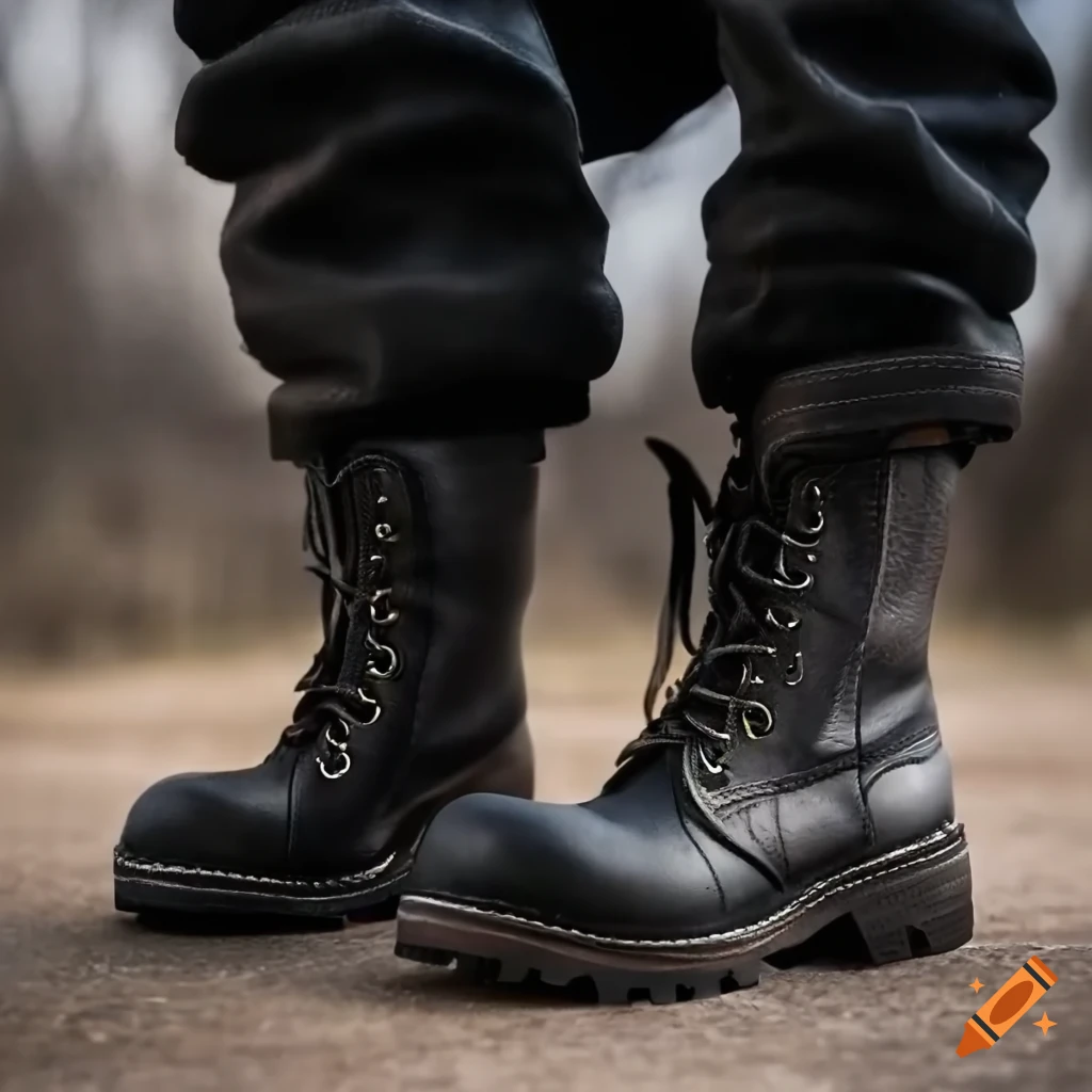 Black steel-toe boots with dust