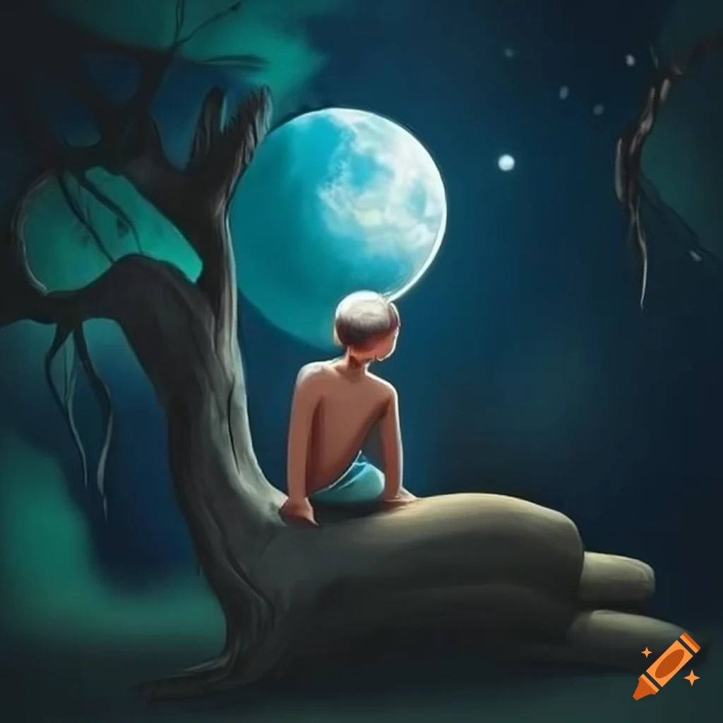 Boy sitting by the banyan tree under the moonlight on Craiyon