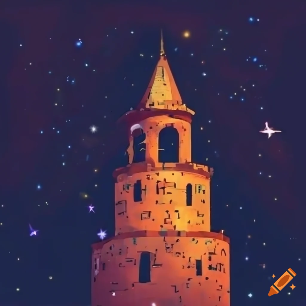 tower of babble art with night sky and colorful stars