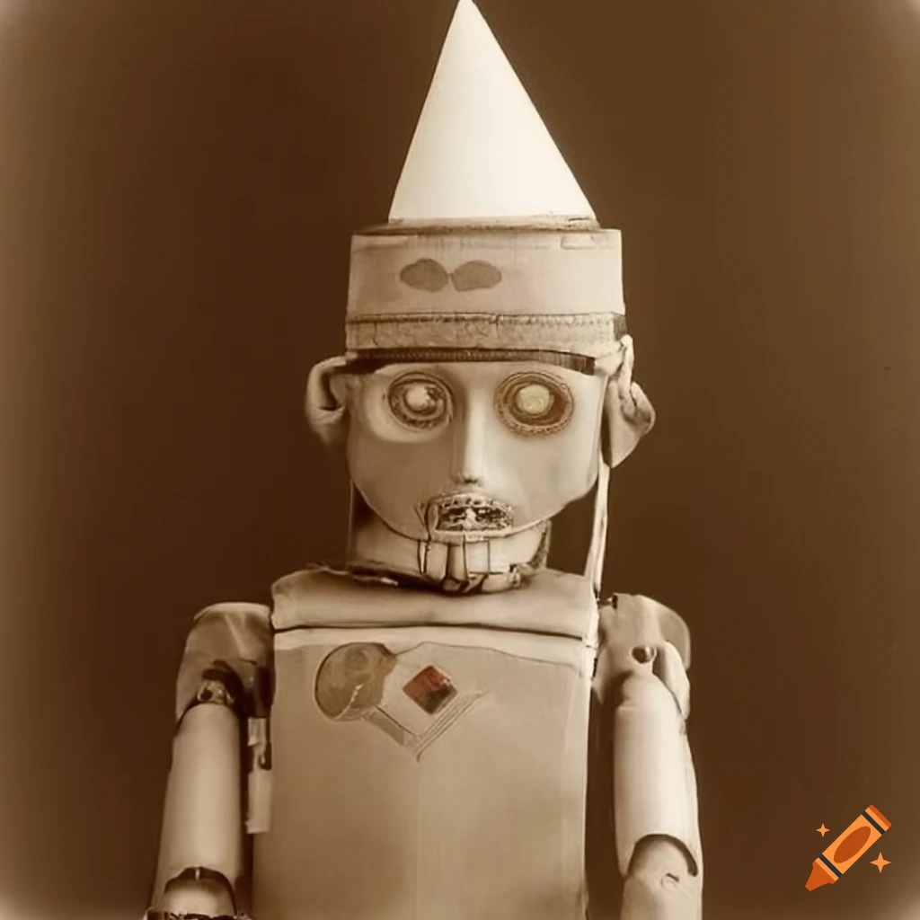 sepia photo of a robot wearing a dunce cap in Kandahar