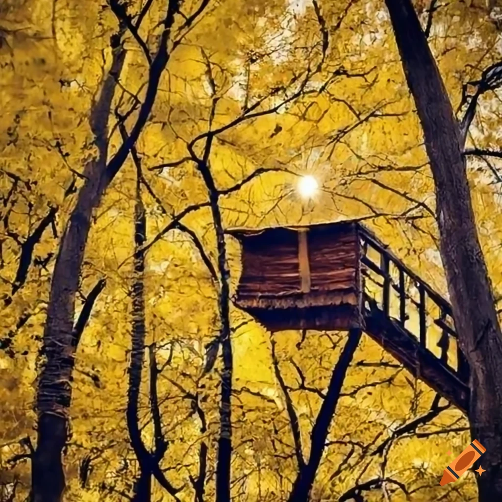 treehouse with yellow lights surrounded by leaves