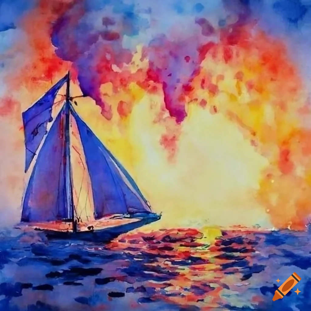 watercolor painting of a sailboat inside a volcano