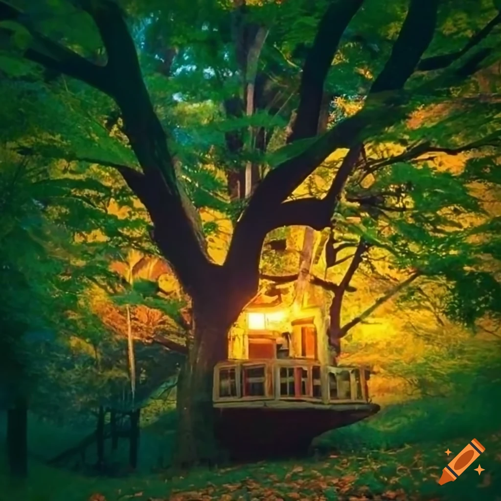 treehouse with yellow lights surrounded by leaves
