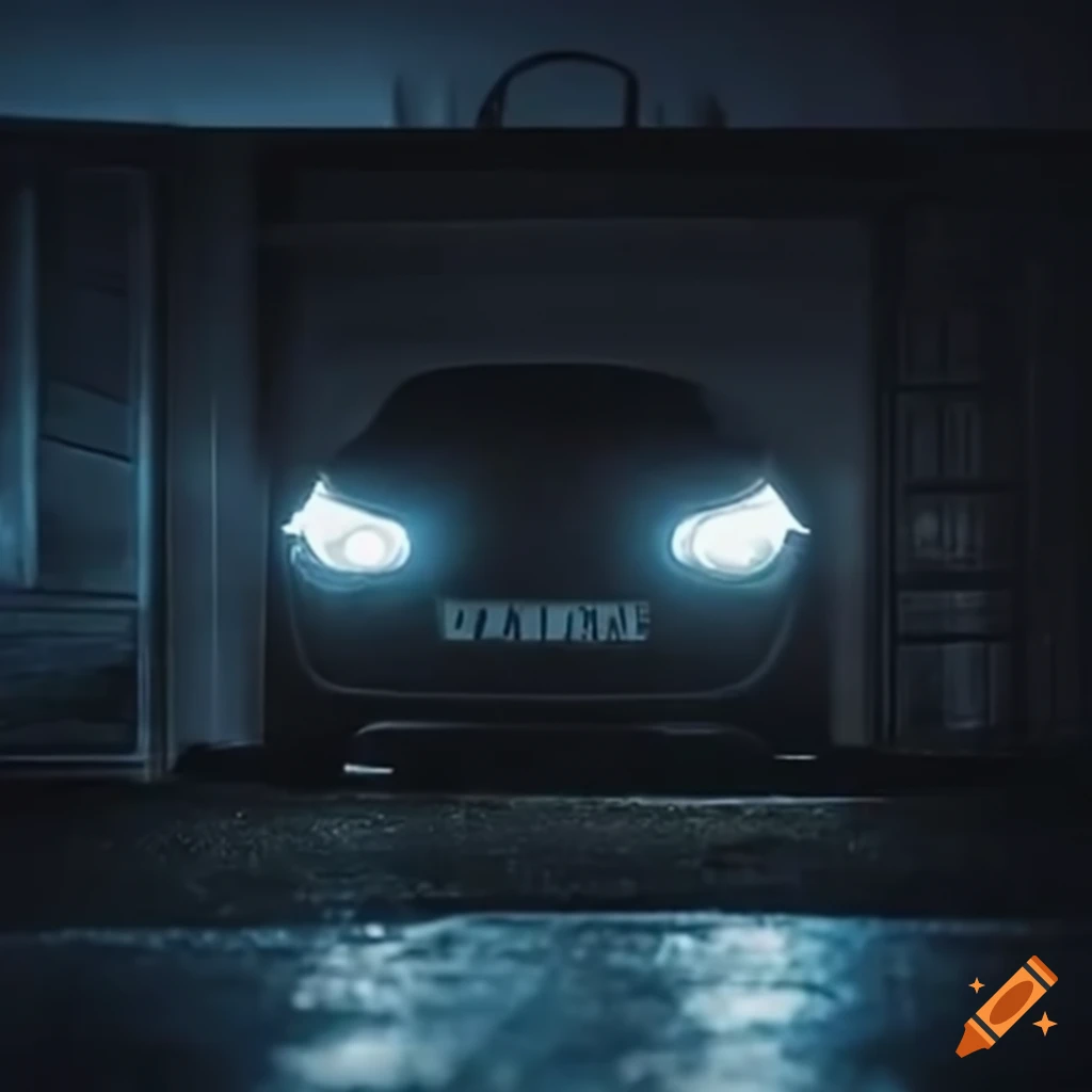 Car with glowing headlights in darkness on Craiyon