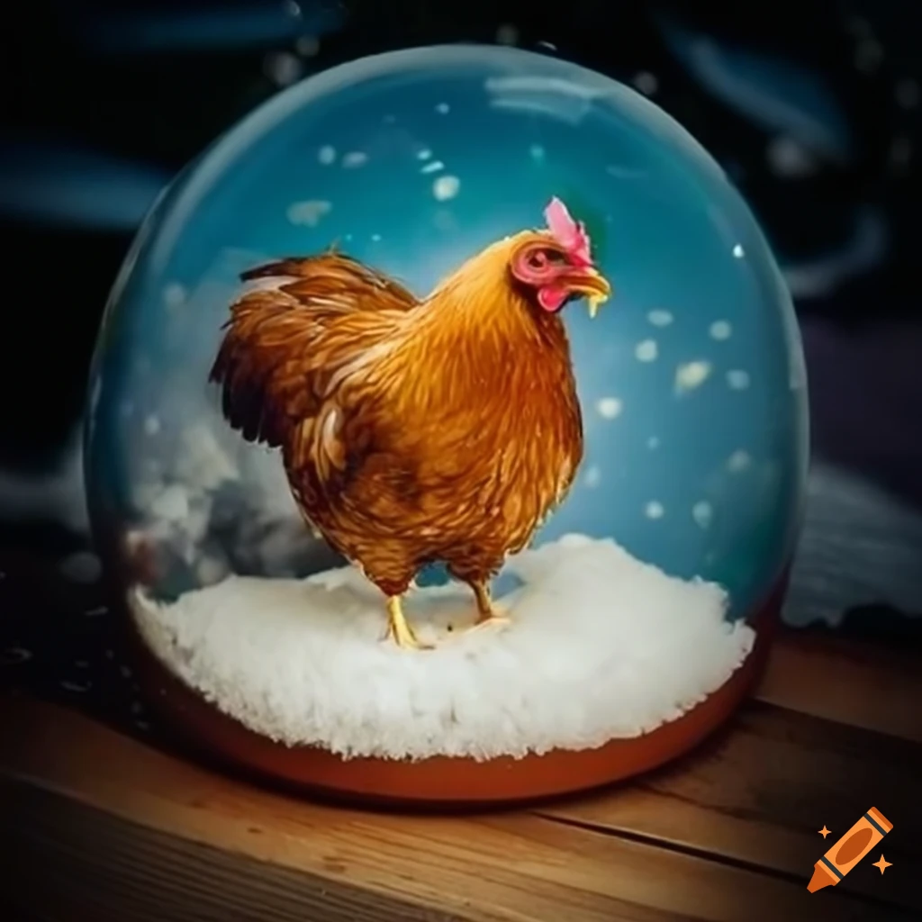 Chicken trapped in a snow globe on Craiyon