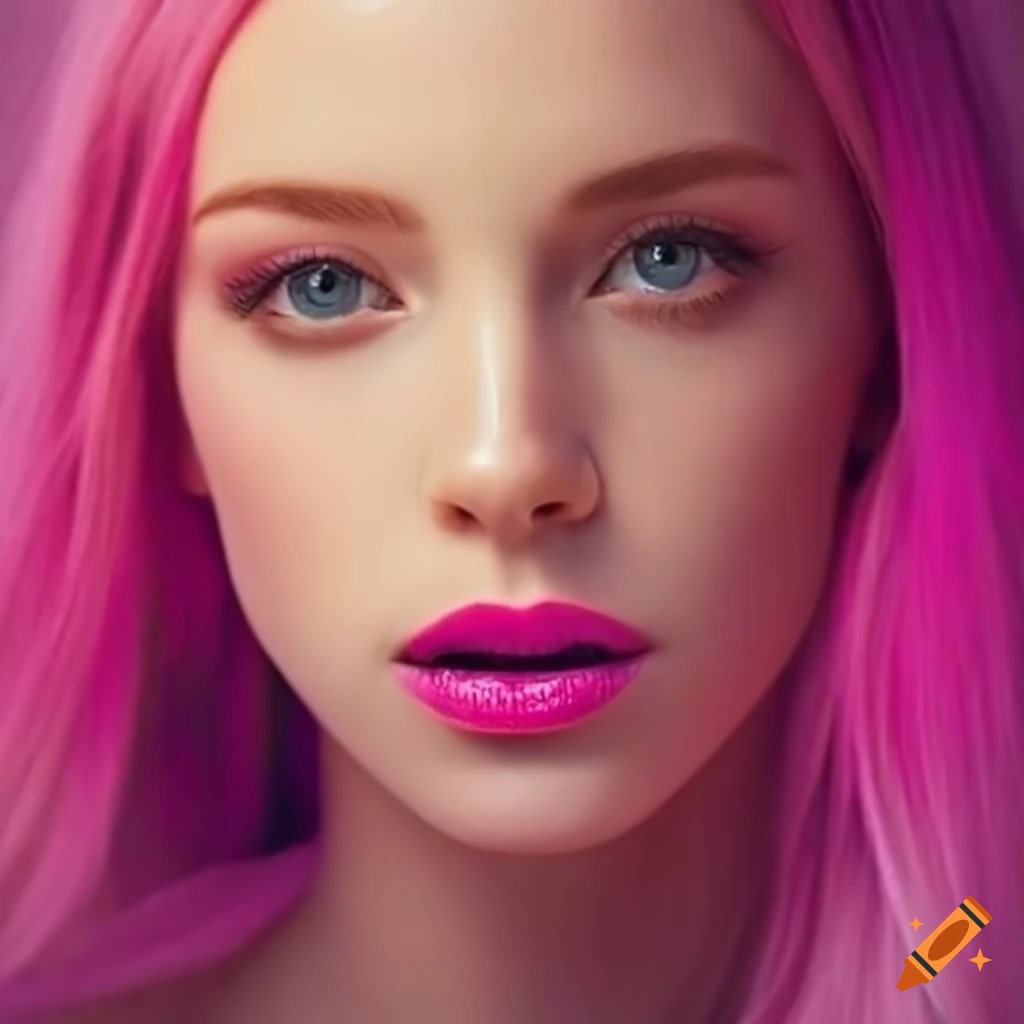 girl with pink hair and yellow lipstick