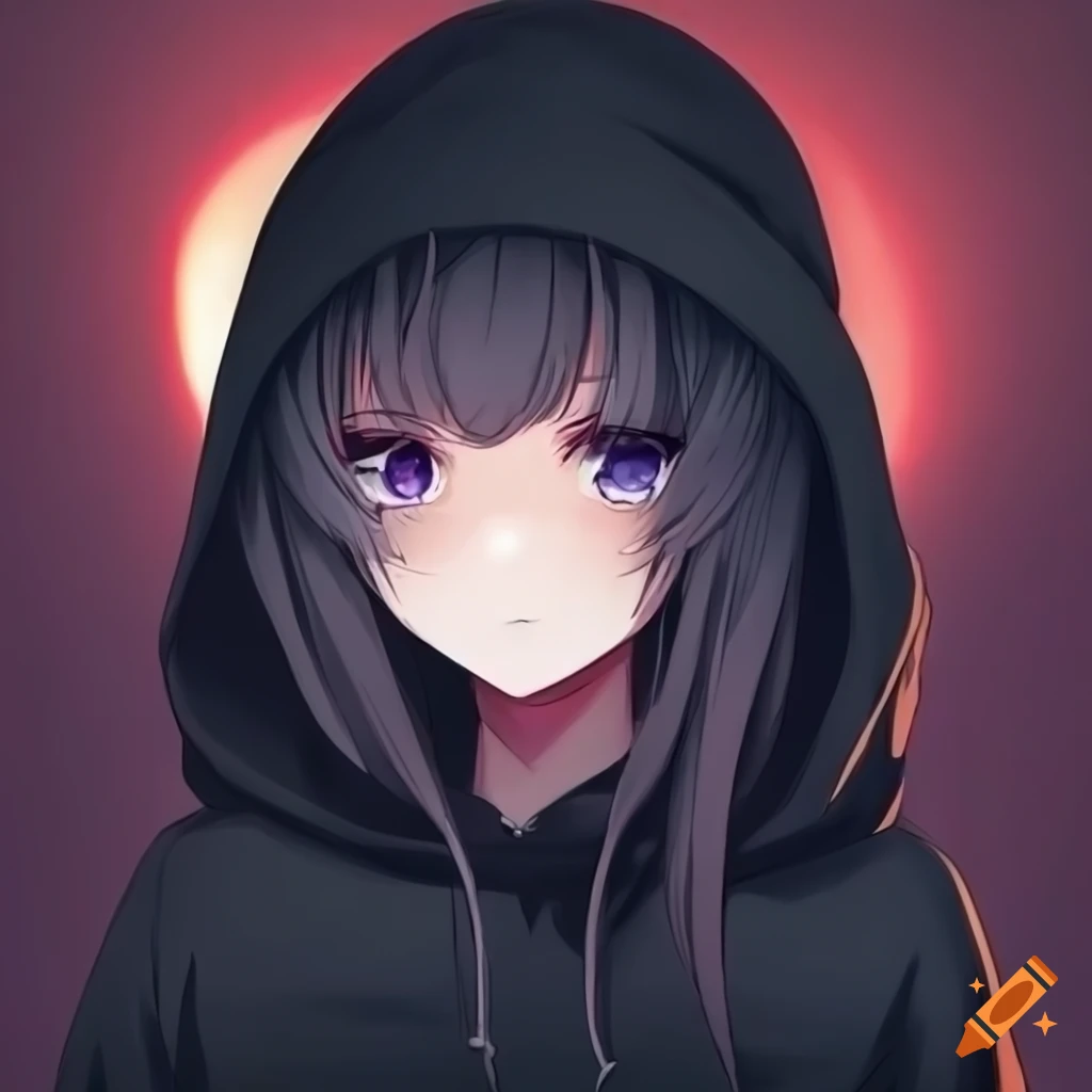 Anime girl with black hoodie and mysterious expression