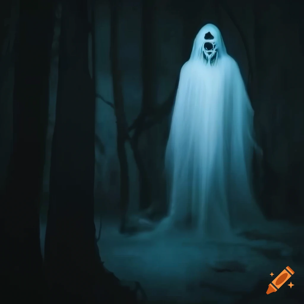 White ghost in a haunted house in a dark forest at night on Craiyon