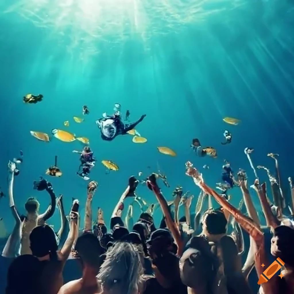 underwater concert crowd with diving gear