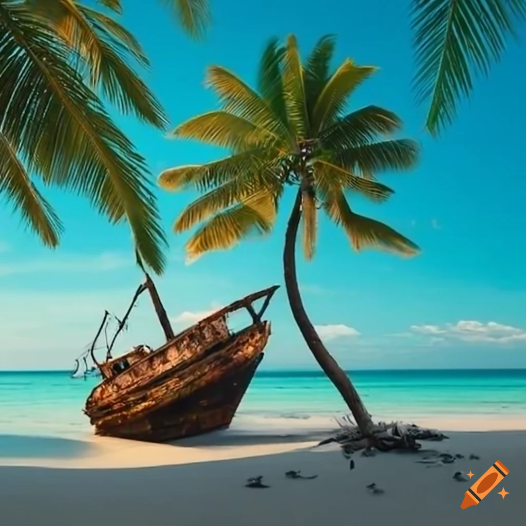 shipwreck on a tropical beach with a palm tree