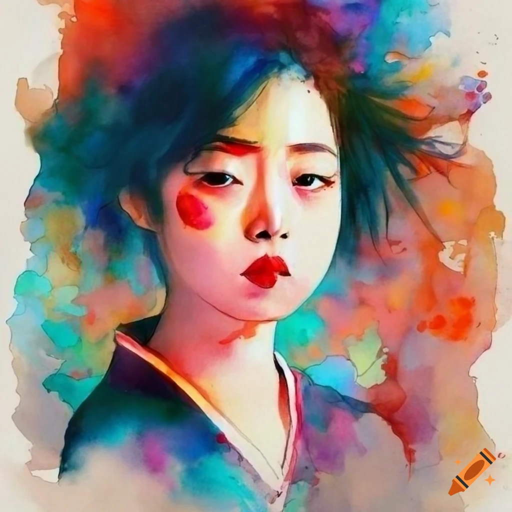 watercolor illustration of a girl with Japanese retro style