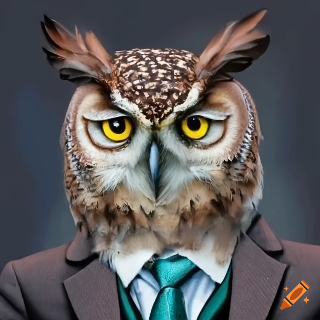 Illustration of a dapper owl in a suit on Craiyon