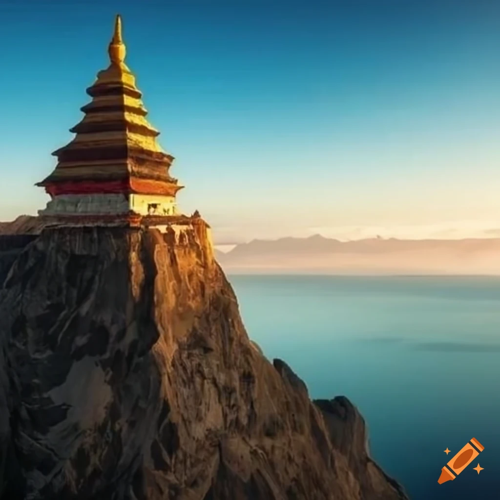 paysage avec montagnes, temple boudhiste et mer