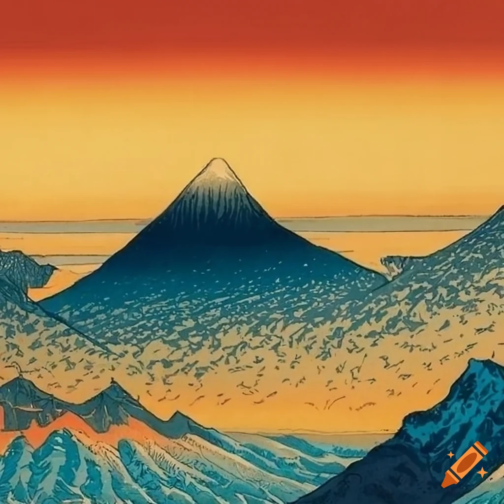 Japanese mountain landscape in Ukiyo-e style