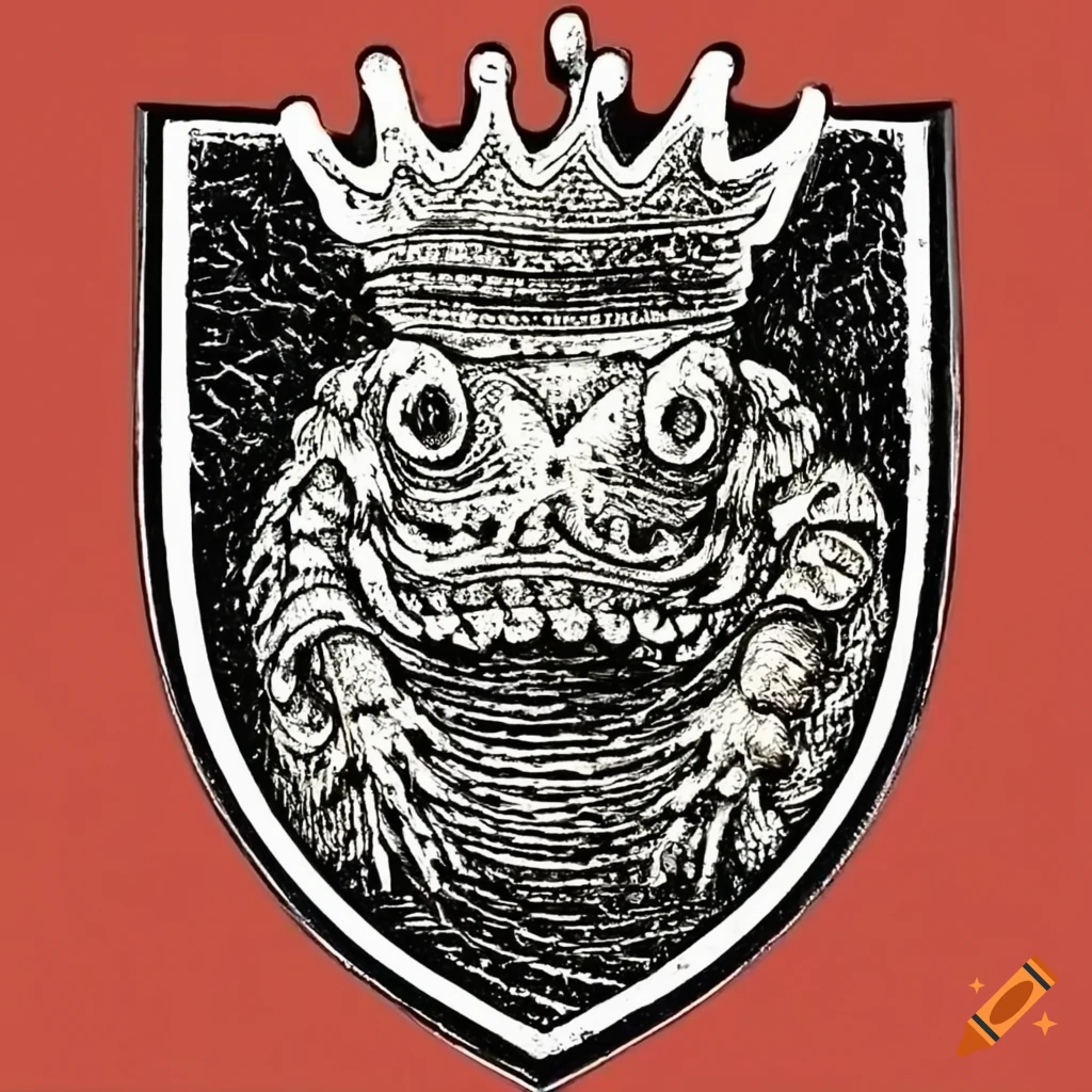 engraving of lizard head on a shield