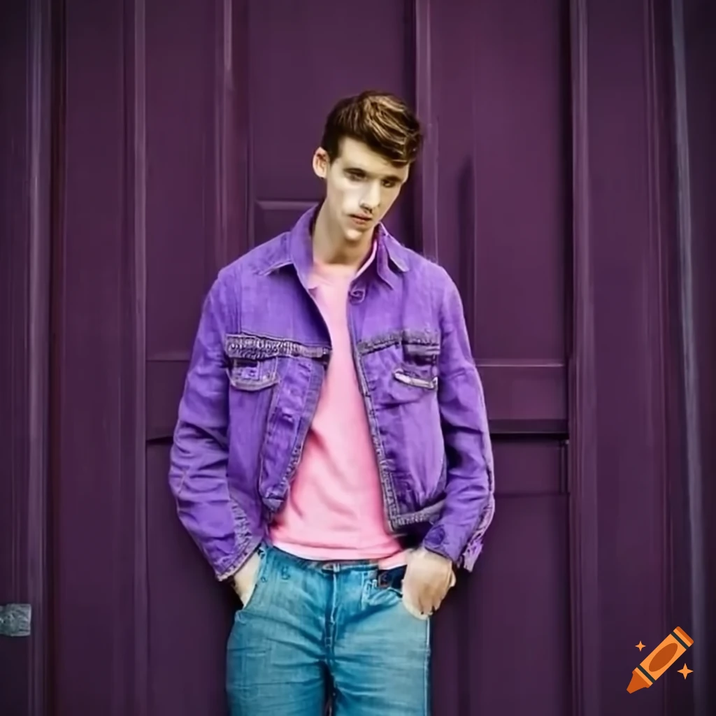 Man with blue jeans, purple shirt, and pink jacket on Craiyon