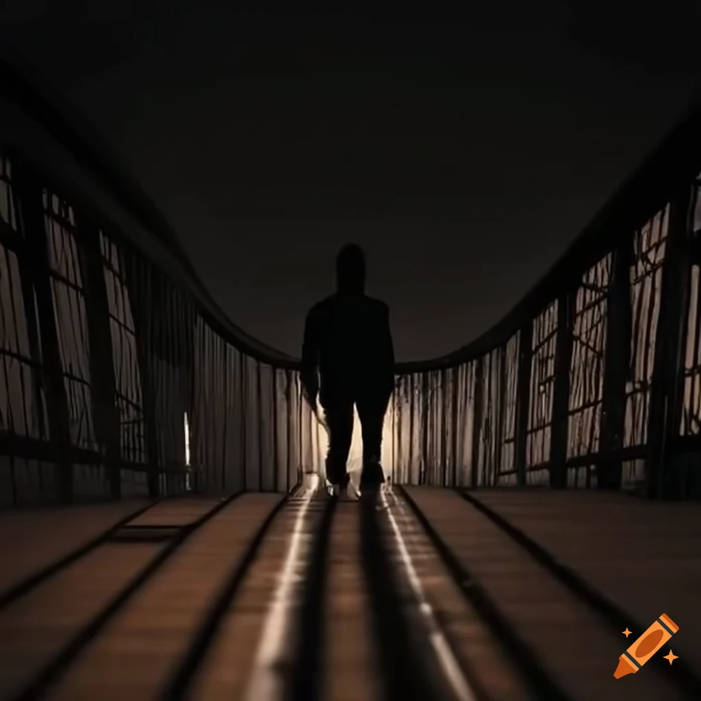 man walking across a bridge at night