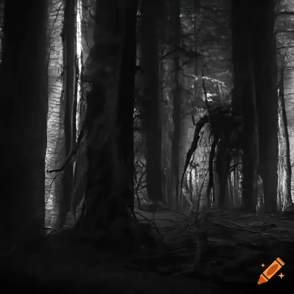 night vision footage of a moss humanoid walking through the forest