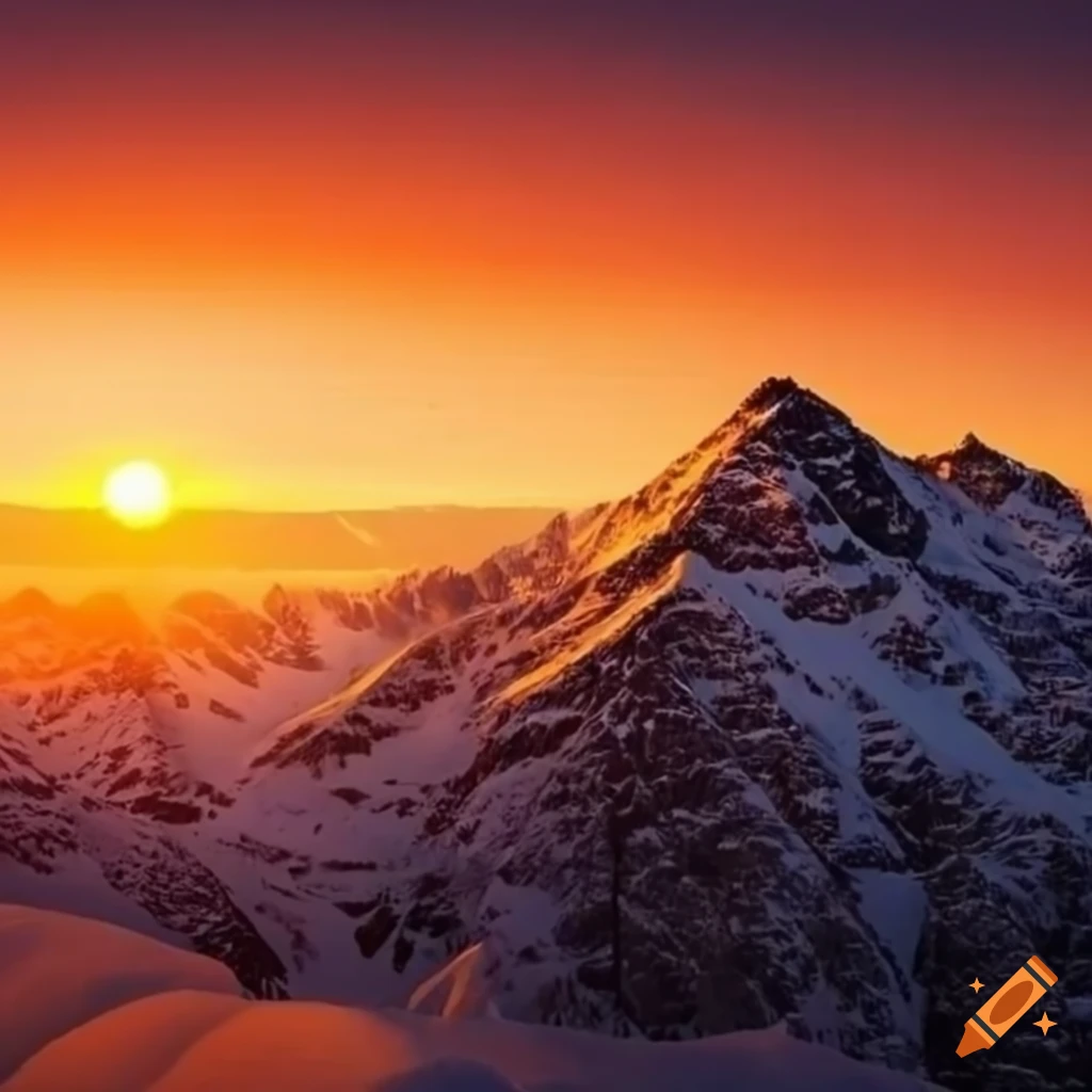 paysage hivernal avec une montagne et un coucher de soleil orangé