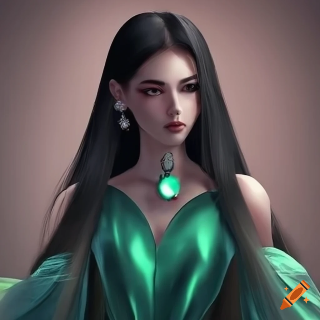 Beautiful princess with long black hair and green satin dress on Craiyon