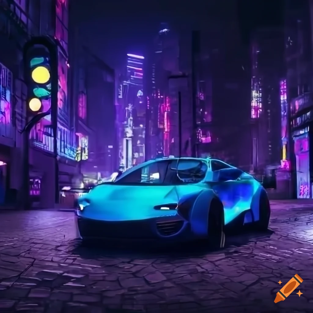 Cyberpunk blue sports car parked on city street at night on Craiyon