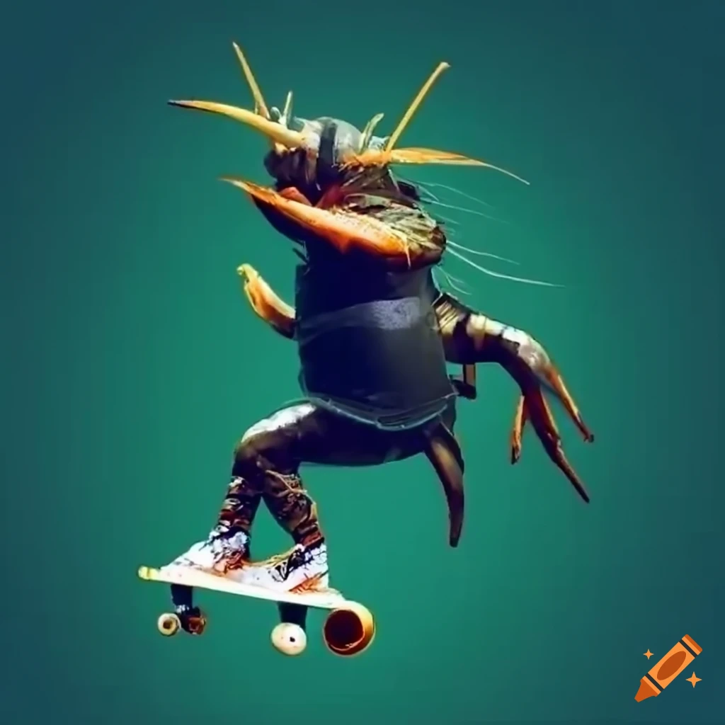 Skateboarding shrimp with goth attire