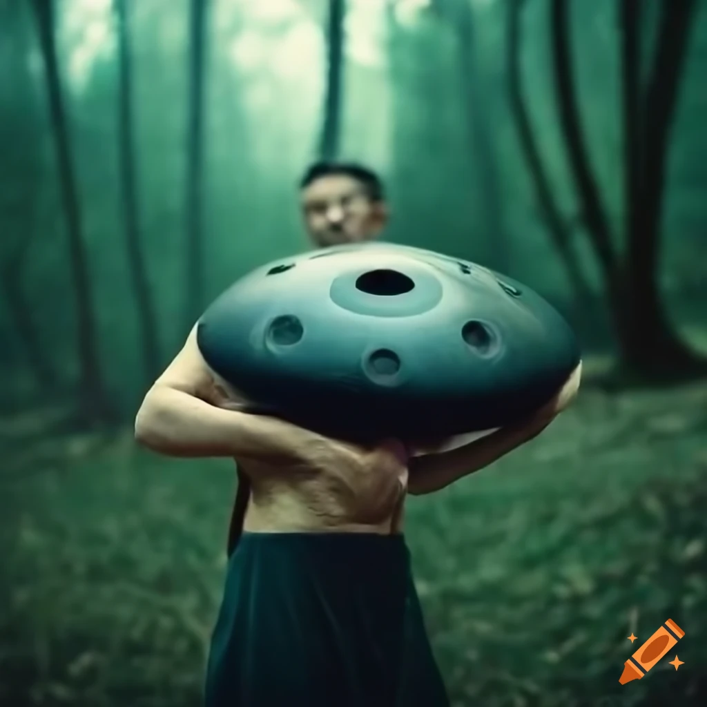 handpan musician playing in the forest