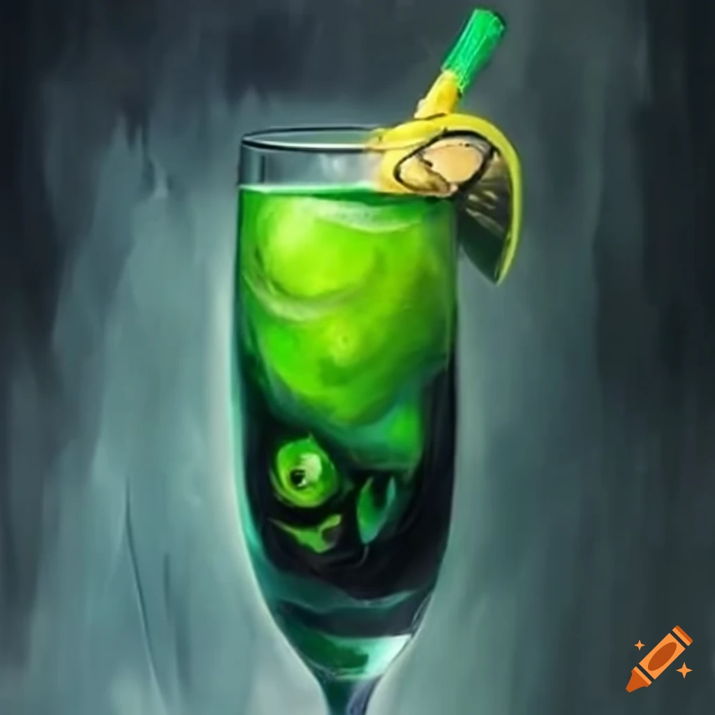 Monster Mimosas cocktail with lime green liquid in a champagne glass