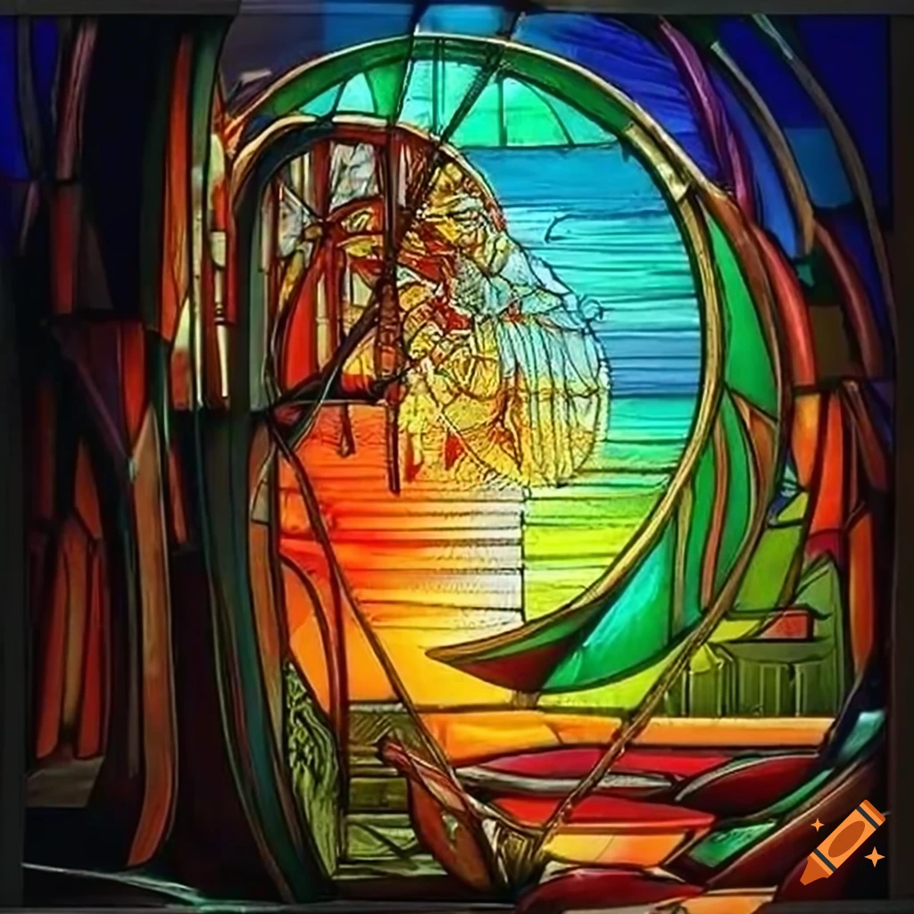 stunning stained glass design inspired by Roger Dean's landscape artistry
